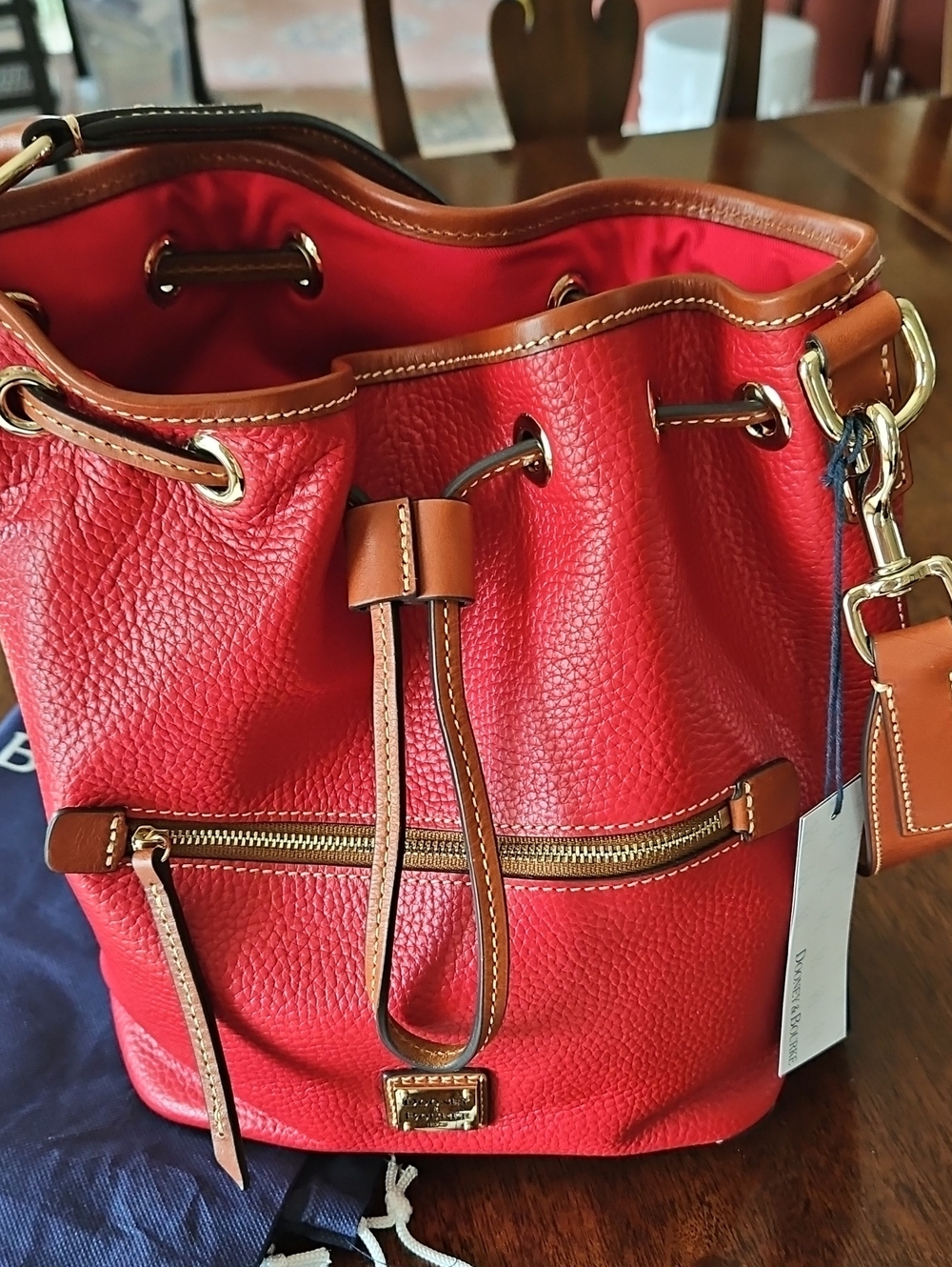 Dooney & Bourke Red Pebble Leather Drawstring Shoulder Bag - Picture 14 of 16